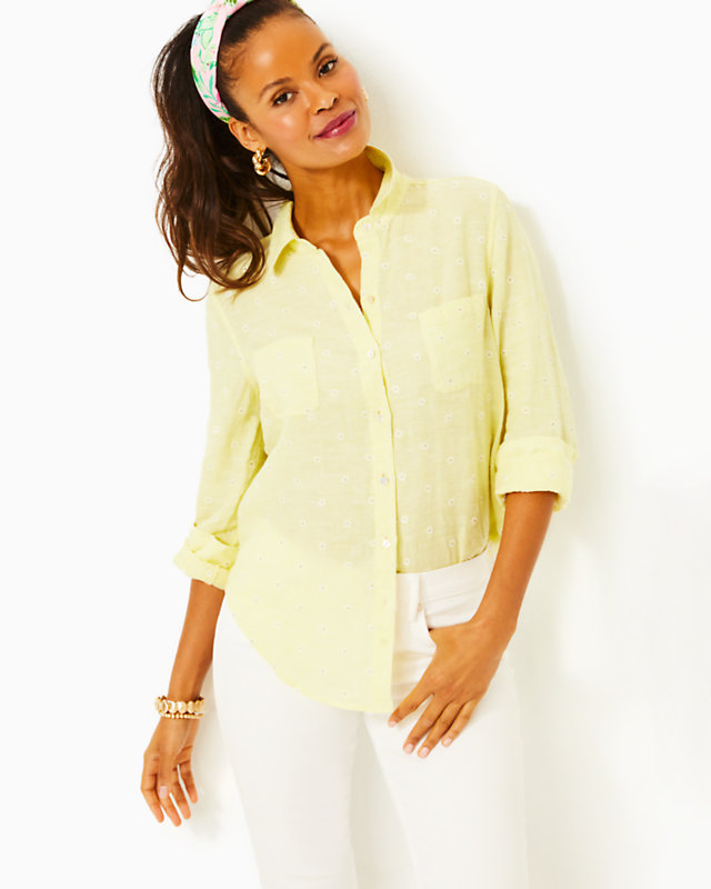 Sea View Linen Button Down Top, Finch Yellow You Drive Me Daisy Embroidered Linen, large - Lilly Pulitzer