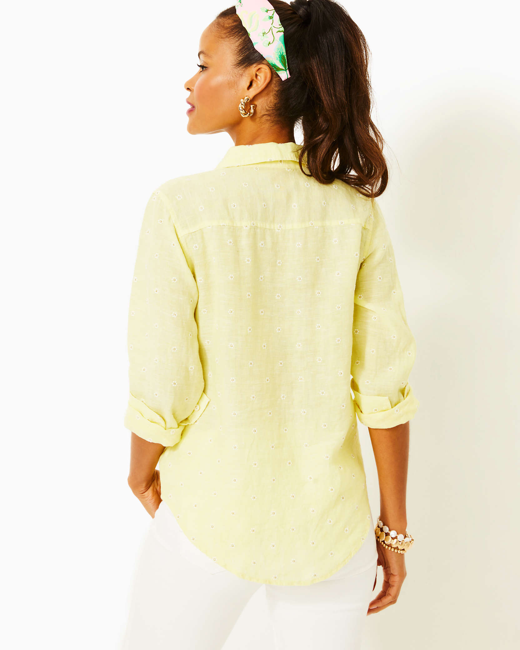 Shop Lilly Pulitzer Sea View Linen Button Down Top In Finch Yellow You Drive Me Daisy Embroidered Linen