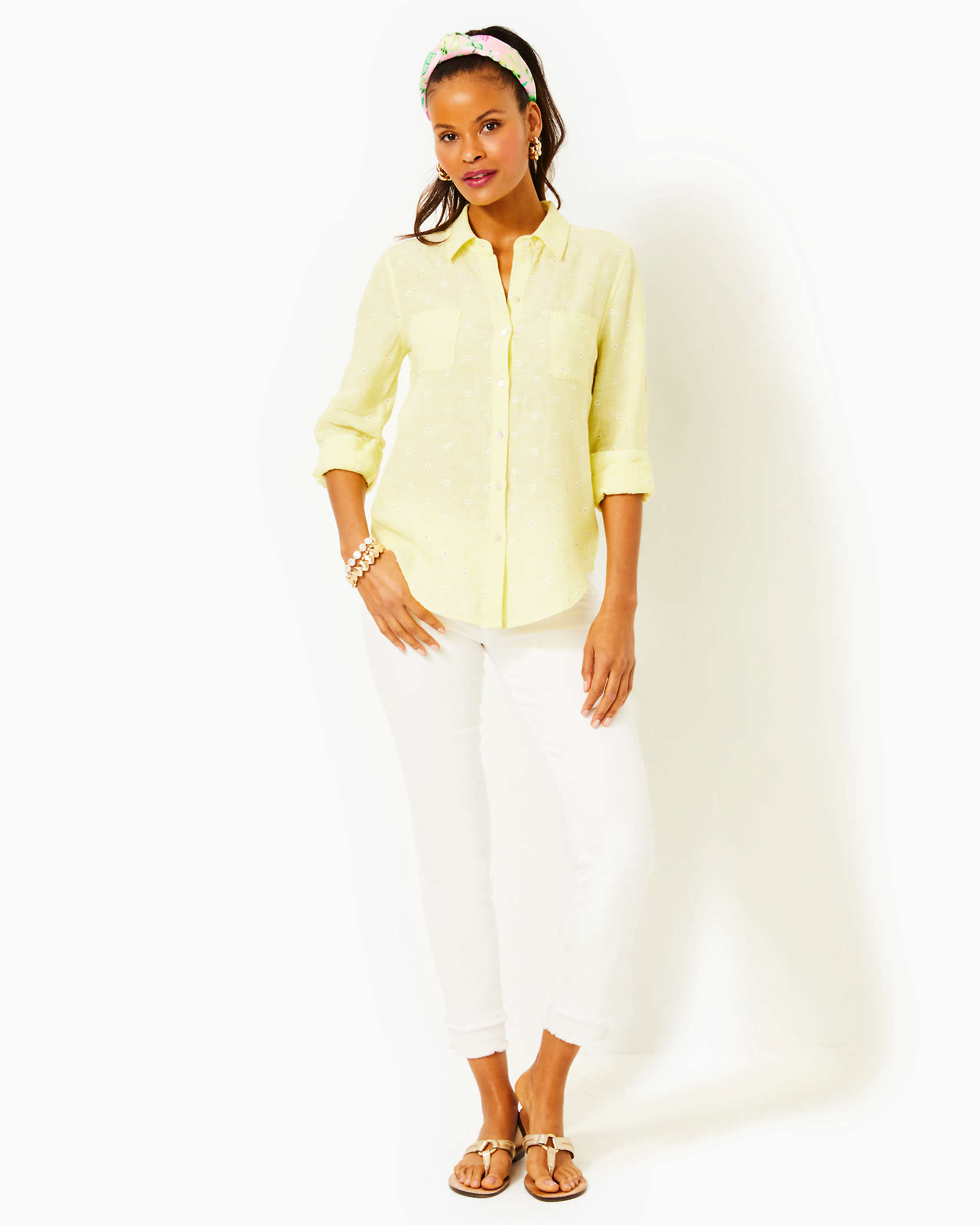 Shop Lilly Pulitzer Sea View Linen Button Down Top In Finch Yellow You Drive Me Daisy Embroidered Linen