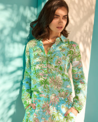 Sea View Linen Button Down Top, Fresh Water Blue Sunbathers Bliss, large