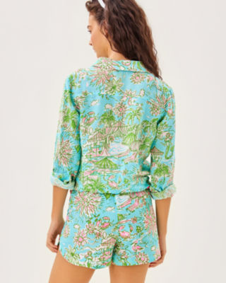 Sea View Linen Button Down Top, Fresh Water Blue Sunbathers Bliss, large image 2