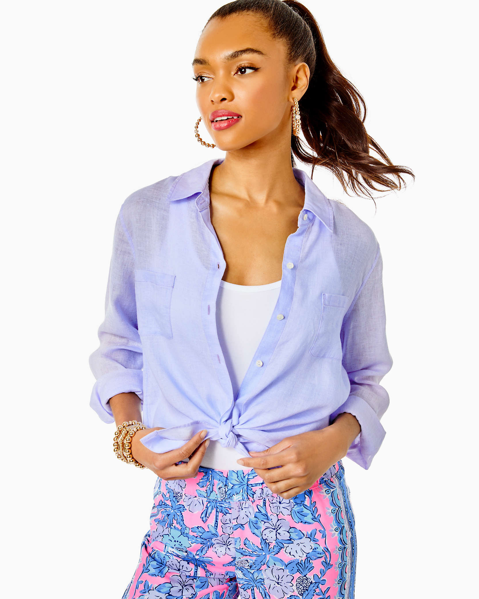 Lilly Pulitzer Sea View Linen Button Down Top In Lillys Lilac