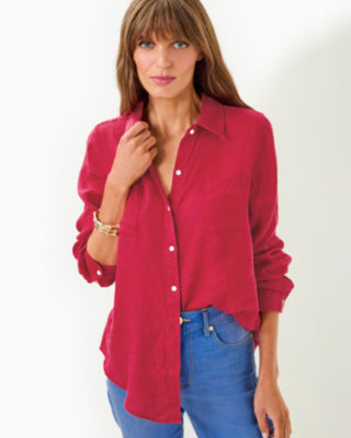 Sea View Linen Button Down Top, Malbec Red, large - Lilly Pulitzer