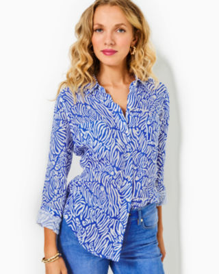 Sea View Linen Button Down Top, Martinique Blue Zee Bebe, large image 2