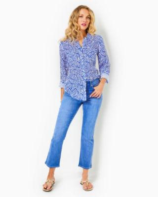Sea View Linen Button Down Top, Martinique Blue Zee Bebe, large image 3