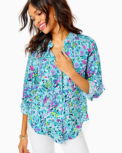 Lilly Pulitzer Sea View Linen Button Down Top In Multi Dive Bar