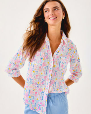 Sea View Linen Button Down Top, Multi Summer Serenade, large