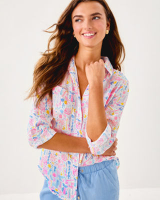 Sea View Linen Button Down Top, Multi Summer Serenade, large image 2