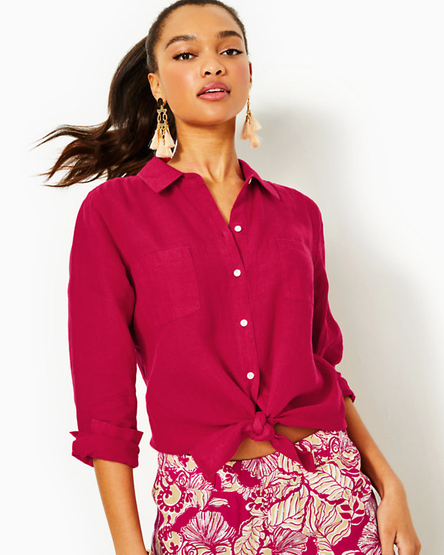 Sea View Linen Button Down Top, Poinsettia Red X Poinsettia Red, large - Lilly Pulitzer