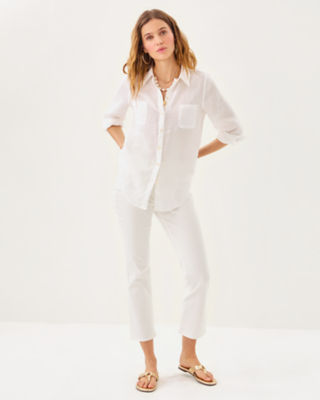 Sea View Linen Button Down Top, Resort White, large image 2