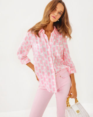 Sea View Linen Button Down Top, Rousseau Pink Slice Of Sunshine, large - Lilly Pulitzer