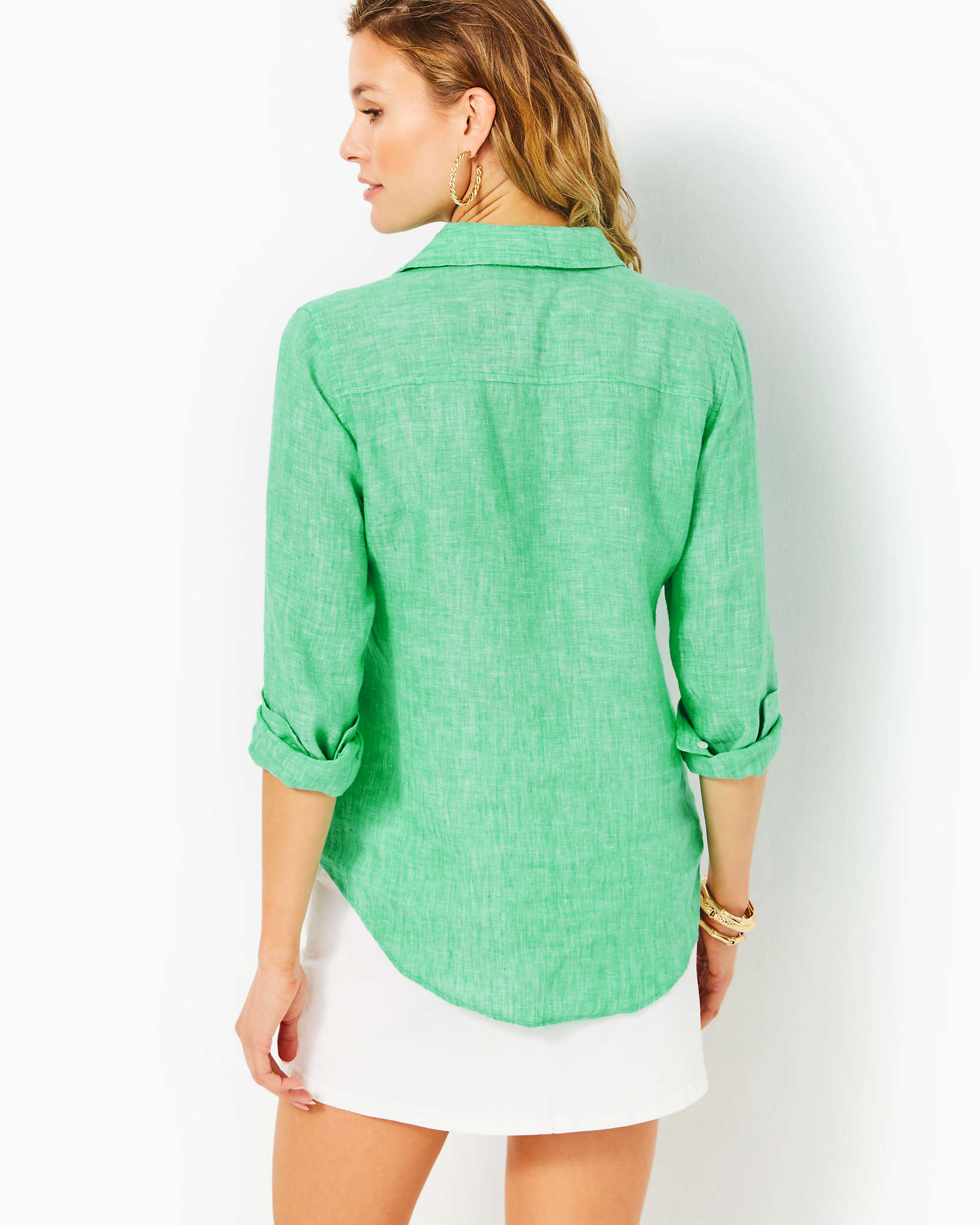 Shop Lilly Pulitzer Sea View Linen Button Down Top In Spearmint X Resort White