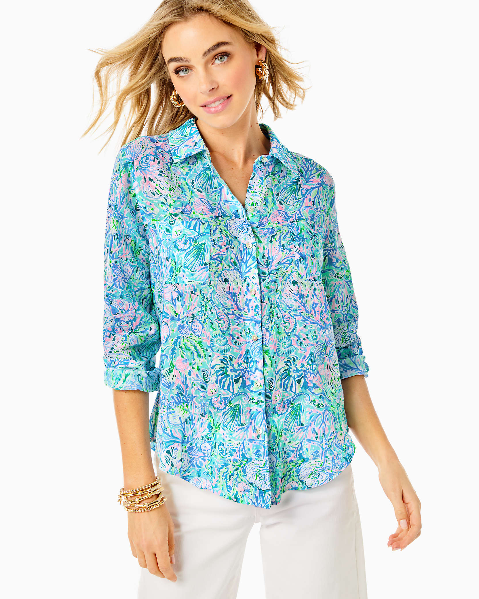 Lilly Pulitzer Sea View Linen Button Down Top In Surf Blue Soleil It On Me