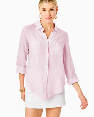 Shop Lilly Pulitzer Sea View Linen Button Down Top In Urchin Pink X Resort White