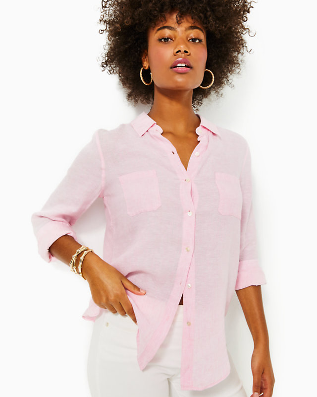 Sea View Linen Button Down Top, Urchin Pink X Resort White, large - Lilly Pulitzer