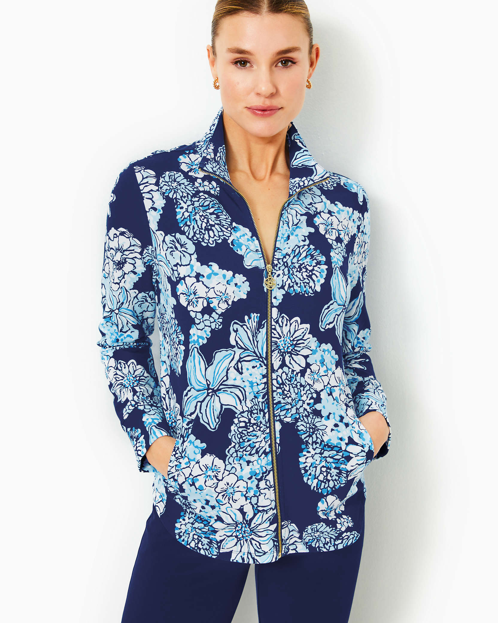 Shop Lilly Pulitzer Upf 50+ Leona Zip-up Jacket In Low Tide Navy Bouquet All Day
