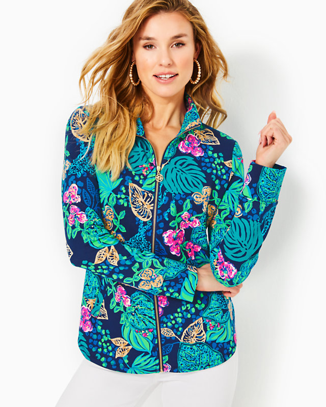 UPF 50+ Leona Zip-Up Jacket, Low Tide Navy Life Of The Party, large - Lilly Pulitzer