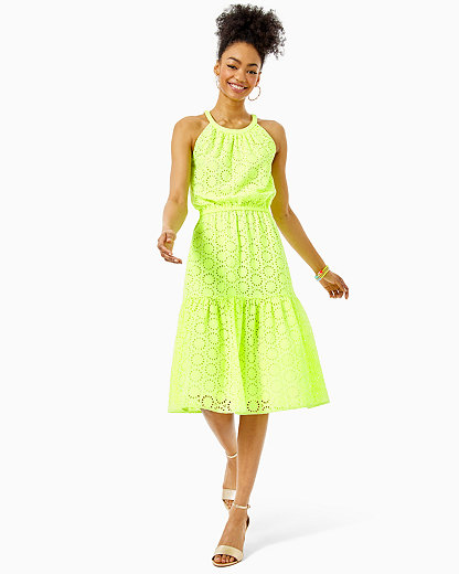 Lilly Pulitzer Alda Midi Dress In Prickly Pear Yellow Prickly Pear Neon Geo Eyelet
