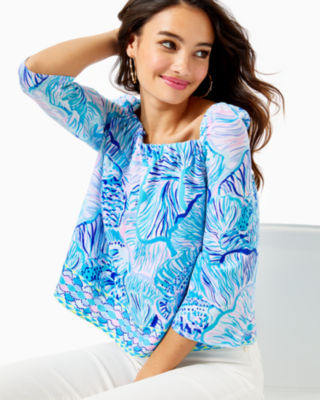 Lilly Pulitzer Lizzie Top In Bermuda Blue Fishful Thinking Engineered Top