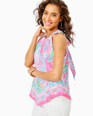 Lilly Pulitzer Julien Halter Top In Prosecco Pink Seaing Things Engineered Woven Top