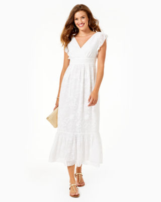 white ruffle midi dress