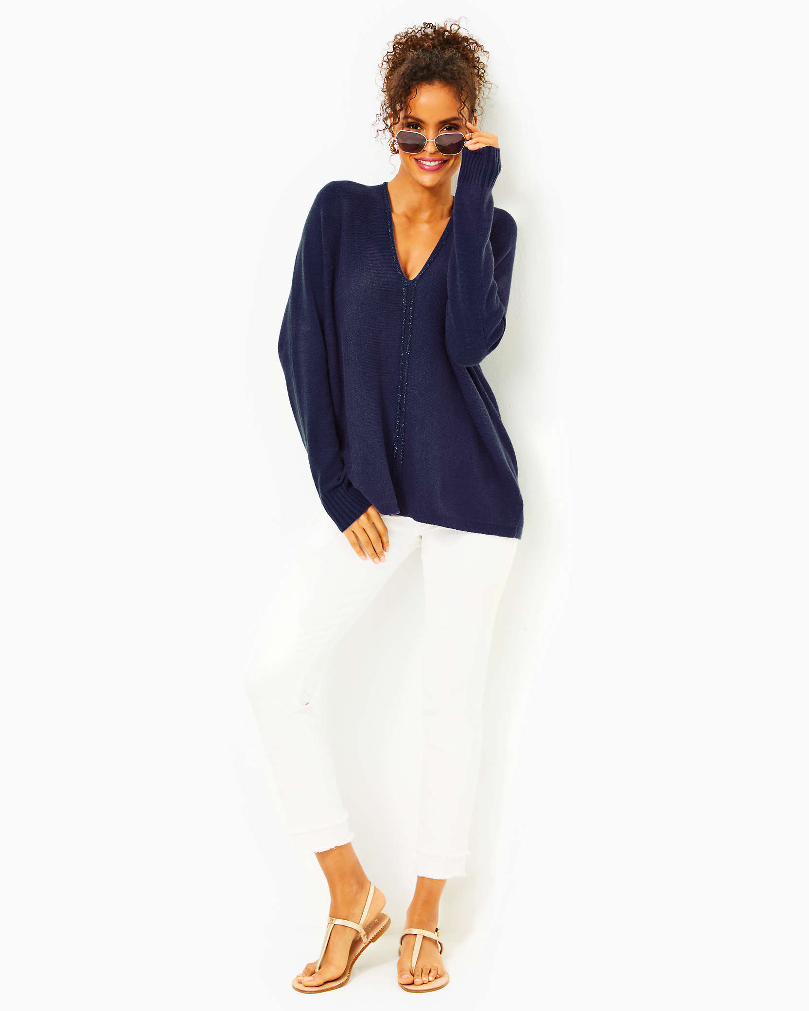 Shop Lilly Pulitzer Sevie Dolman Sleeve Sweater In Low Tide Navy