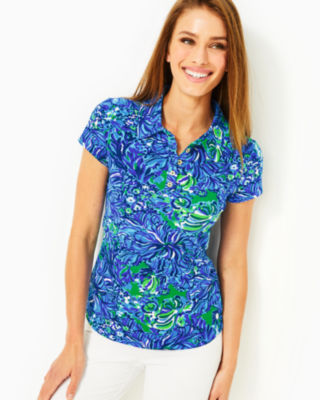 Lilly Pulitzer Upf 50+ Luxletic Frida Scallop Polo Top In Abaco Blue In Turtle Awe