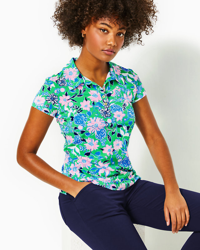 UPF 50+ Luxletic Frida Scallop Polo Top, Spearmint Golf Till You Drop, large - Lilly Pulitzer