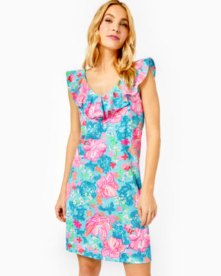 Lilly Pulitzer Alessa Dress for Women - Ruffled Layered Neckline with  Straight Hemline, Chic and Vibrant Summer Dress