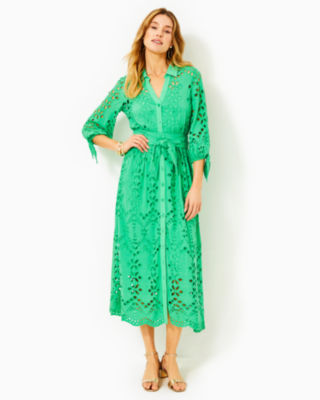 Evergreen Eyelets Wrap Blouson Dress