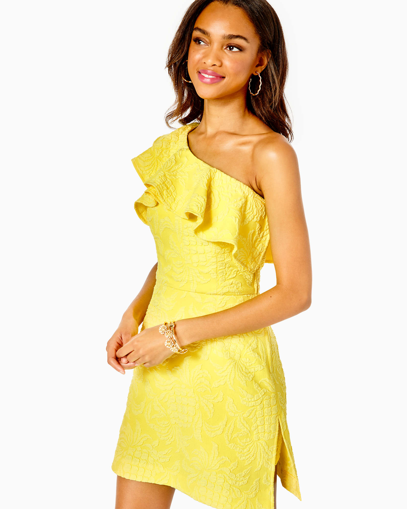 Lilly Pulitzer Kipton One-shoulder Romper In Calla Yellow Pineapple Pucker Jacquard