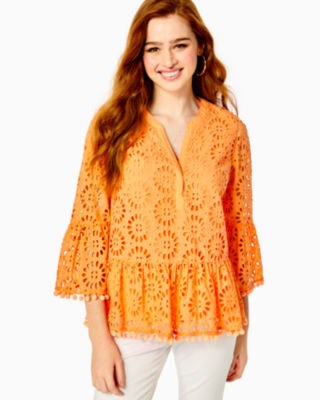 Lilly Pulitzer Bekah Eyelet Top In Cantaloupe Oversized Pinwheel Eyelet