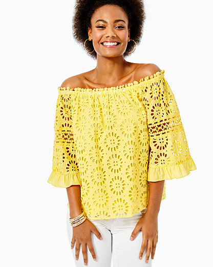 Lilly Pulitzer Laurenne Off-the-shoulder Eyelet Top In Calla Yellow Oversized Pinwheel Eyelet