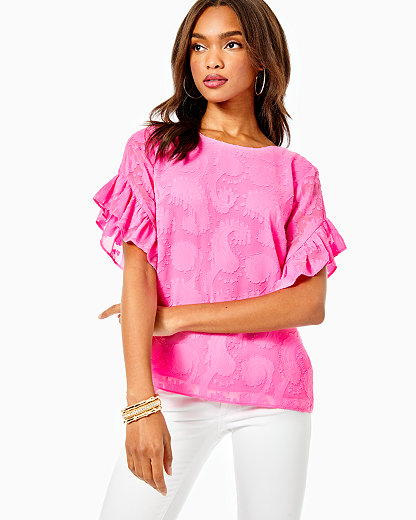 Lilly Pulitzer Women's Darlah Top In Pink Size 2xs, Tangerine Dream Poly Clip Jacquard -