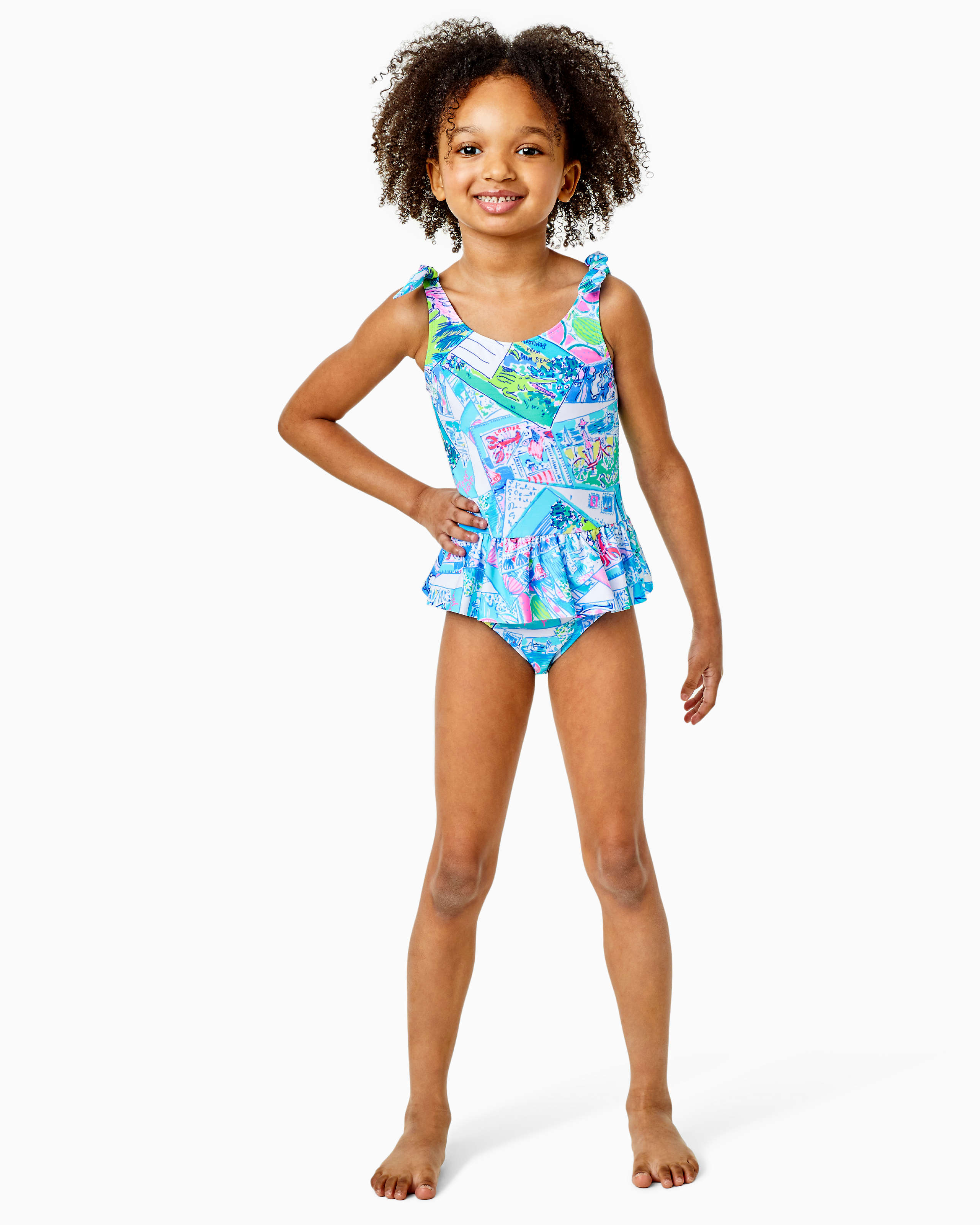 UPF 50+ Girls Vossie Swimsuit, Multi Wish You Were Here Kids, large - Lilly Pulitzer Zoomed