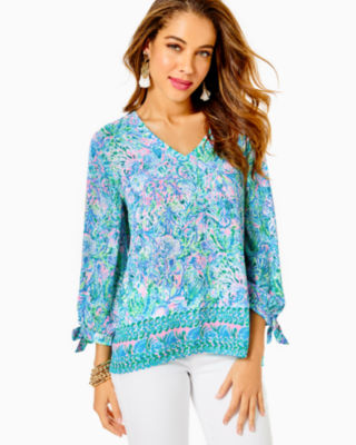 Lilly Pulitzer Pamala Top In Surf Blue Soleil It On Me Engineered Woven Top