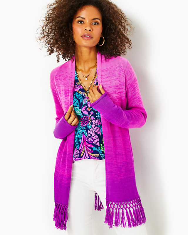 Tatum Ombre Fringe Cardigan, Orchid Oasis Marled Ombre, large - Lilly Pulitzer