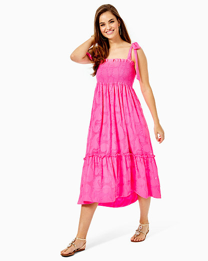 Lilly Pulitzer Rivera Midi Dress In Cockatoo Pink Tangerine Dream Poly Clip Jacquard