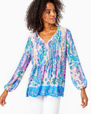 Lilly Pulitzer Women's Marilina Tunic Top In Navy Blue Size Xs, Flocking To Paradise Engineered Tunic - Lilly Pulit