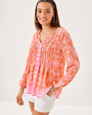 Marilina Tunic Top, Papaya Breezy Palm Engineered Tunic, large image 2