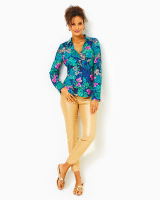 Shop Lilly Pulitzer Upf 50+ Chillylilly Marlena Button Down Top In Low Tide Navy Life Of The Party