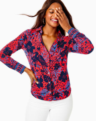 Lilly Pulitzer Upf 50+ Chillylilly Marlena Button Down Top In Ruby Red Heron My Own Engineered Chillylilly