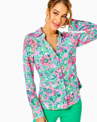 Lilly Pulitzer Upf 50+ Chillylilly Marlena Button Down Top In Soleil Pink Perfect Poppy