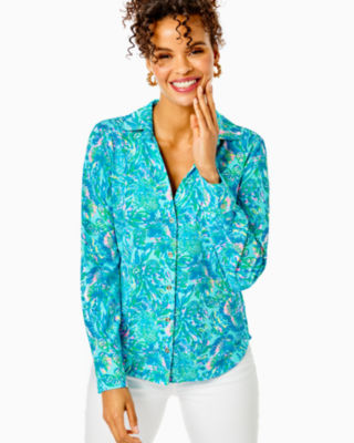 Lilly Pulitzer Upf 50+ Chillylilly Marlena Button Down Top In Surf Blue Coral Of The Story