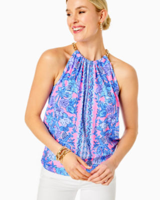 Lilly Pulitzer Bowen Halter Top In Soleil Pink Palm Paradise Engineered Knit Top