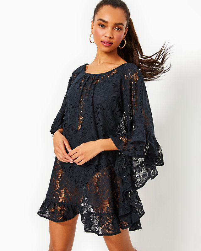 Atley Ruffle Cover-Up, Onyx Paradise Found Lace, large - Lilly Pulitzer