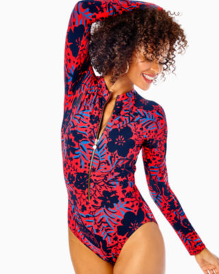 Lilly Pulitzer Randee Rashguard One-piece Swimsuit In Ruby Red Heron My Own Swim