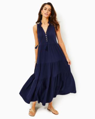 Lucky Brand Printed Shine Chiffon Maxi Dress in Blue