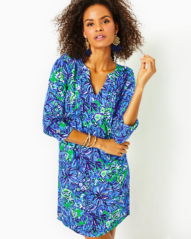 Fairfax 3/4 Sleeve Dress, Abaco Blue In Turtle Awe, large - Lilly Pulitzer