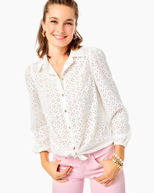 Sea Breeze Eyelet Button Down Top, , large - Lilly Pulitzer